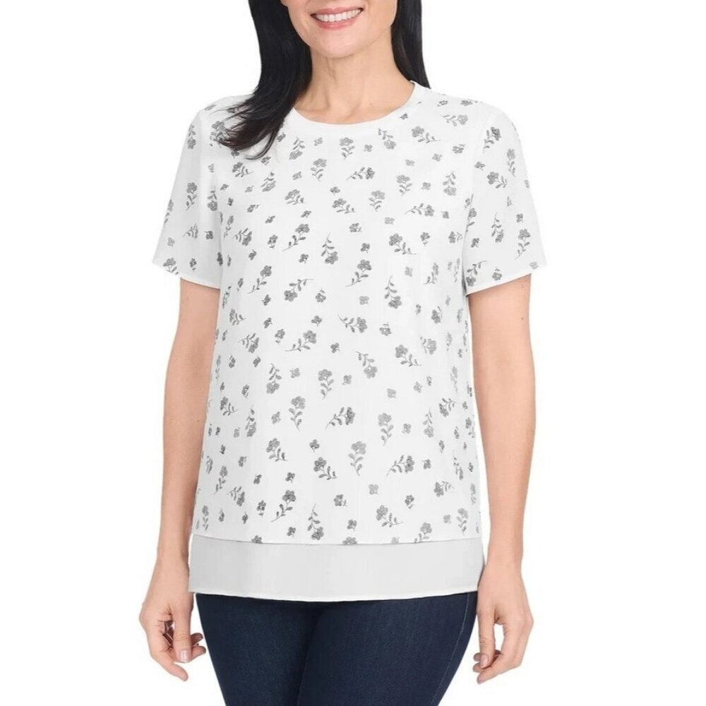 Hilary Radley Women's L White Floral High-Low Layered Blouse n1155